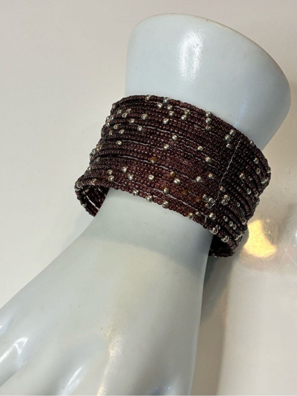 Source Unknown Brown Seed Bead Multi-Strand Cuff with Silver Beads